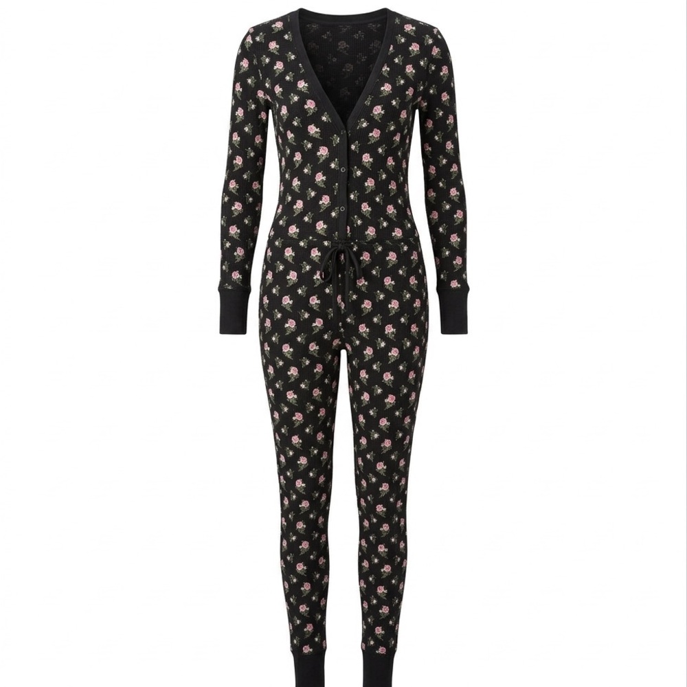 Victoria’s Secret Thermal Pajama Jumpsuit Small Black Rose One Piece